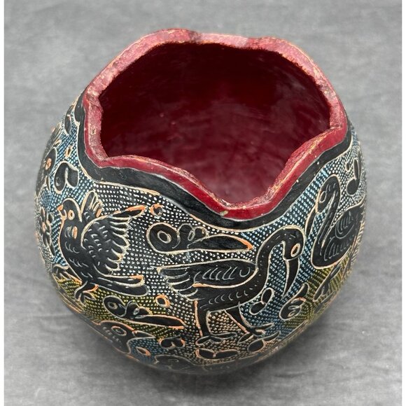 Hand Carved Colorful Gourd Bowl Folk Art Birds Decorative Signed - Picture 2 of 9